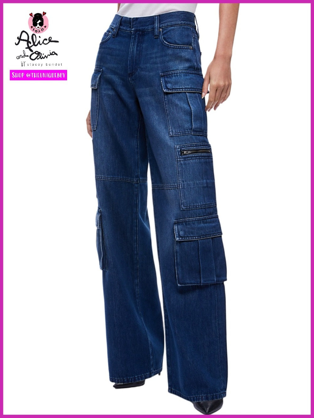 Alice + Olivia Cay Cargo Baggy Blue Jeans